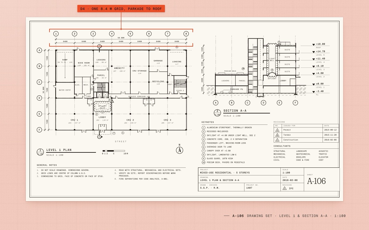 Drawing sheet: Level 1 plan of a five-storey mixed-use building and Section A–A, set out on one 8.4 m grid.