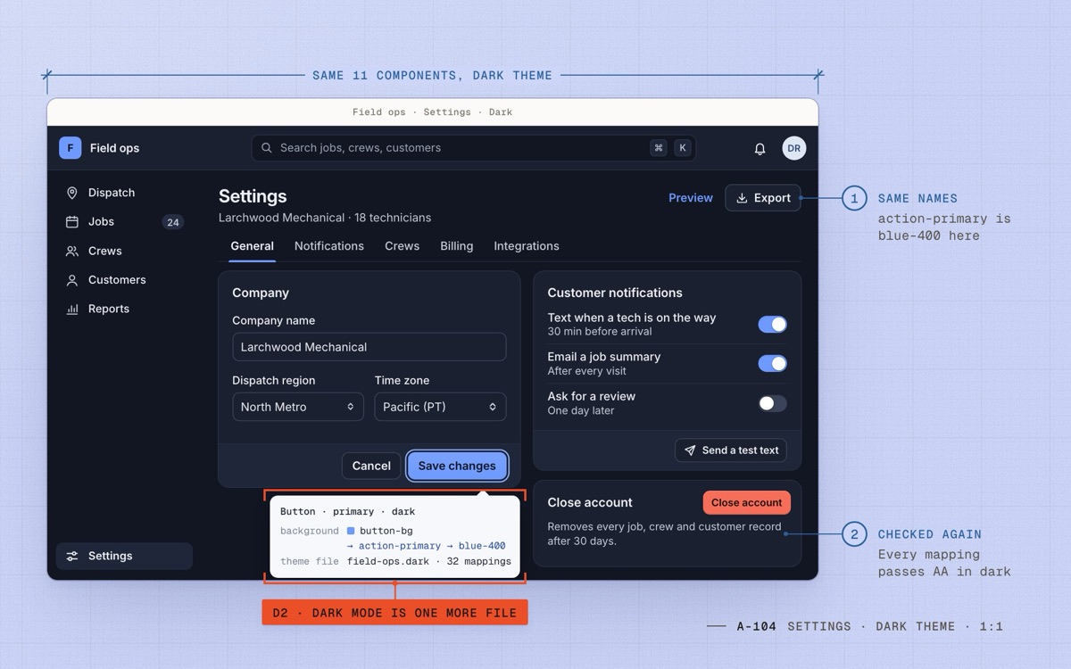 The same Field ops settings screen in dark mode: same components and names, with action-primary now mapped to blue-400.