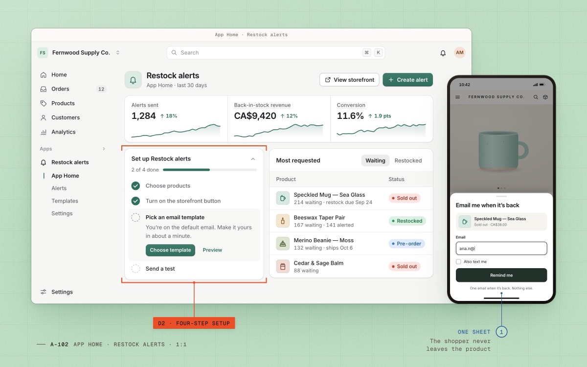 Restock alerts App Home with a four-step setup checklist, beside a phone where a shopper asks to be emailed when a mug is back.