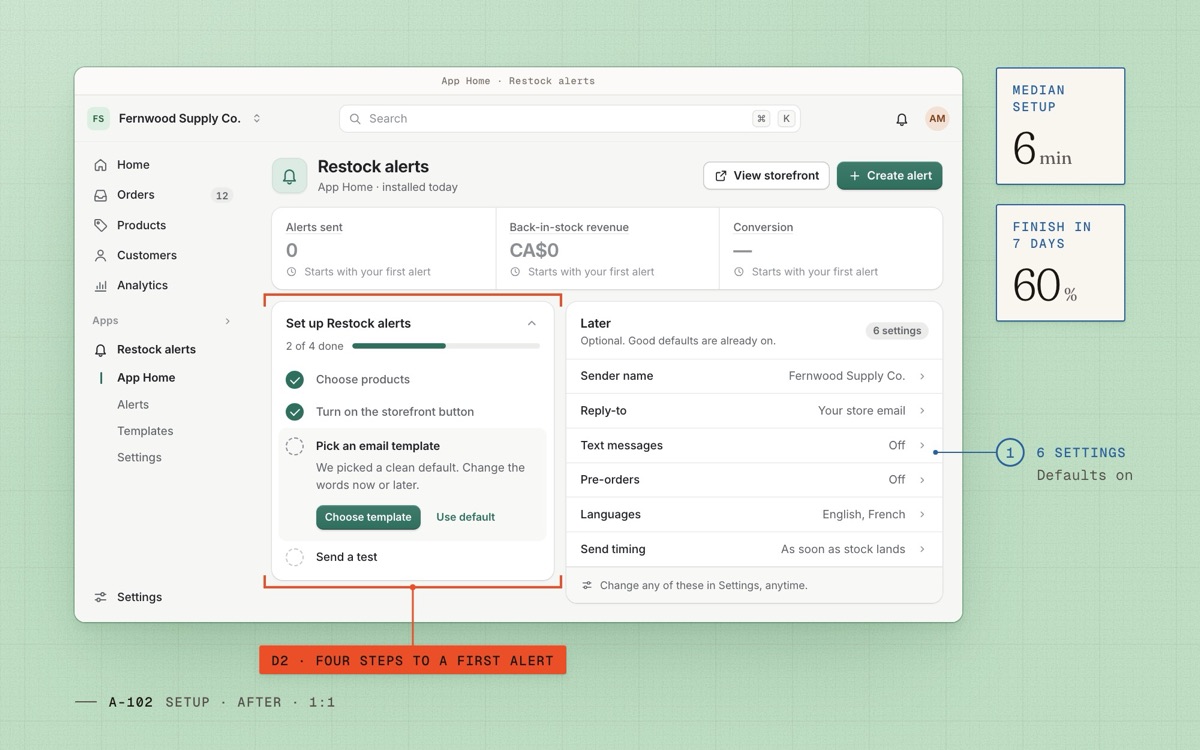 The same window after: a four-step checklist on App Home, optional settings in a Later panel. Median 6 minutes; 60% finish in a week.