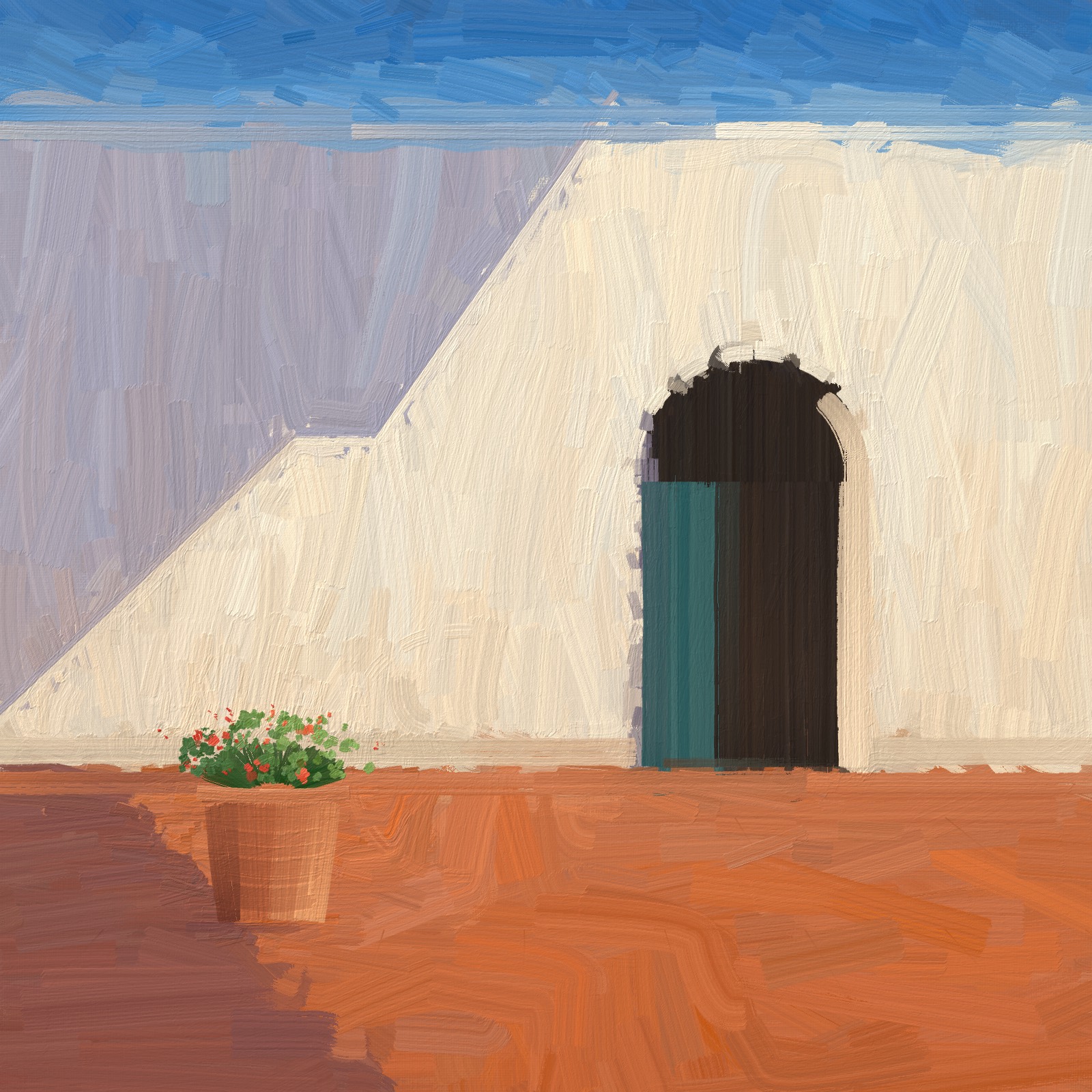 Courtyard at Noon: warm white walls and terracotta in hard midday light.