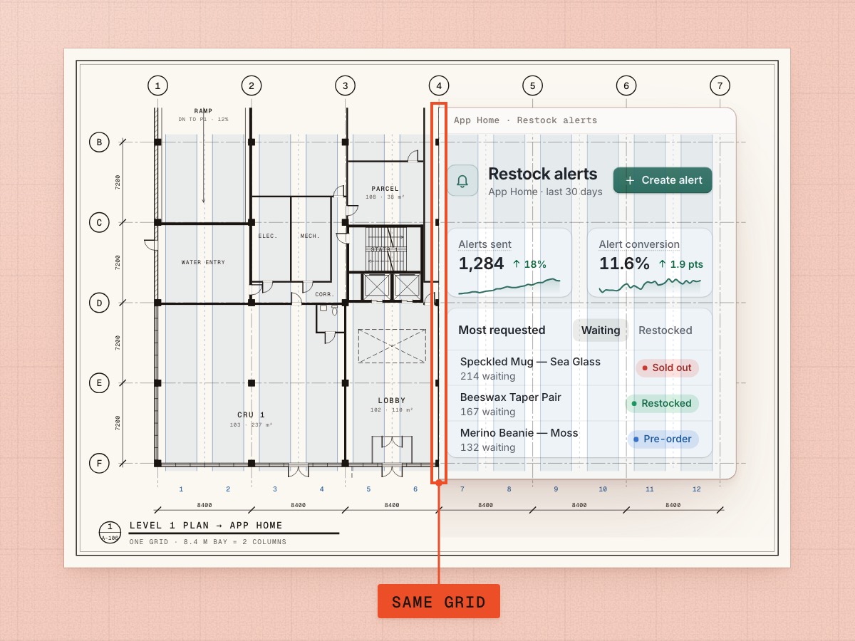 A Level 1 floor plan on the left meets an App Home on the right, both set out on the same column grid.