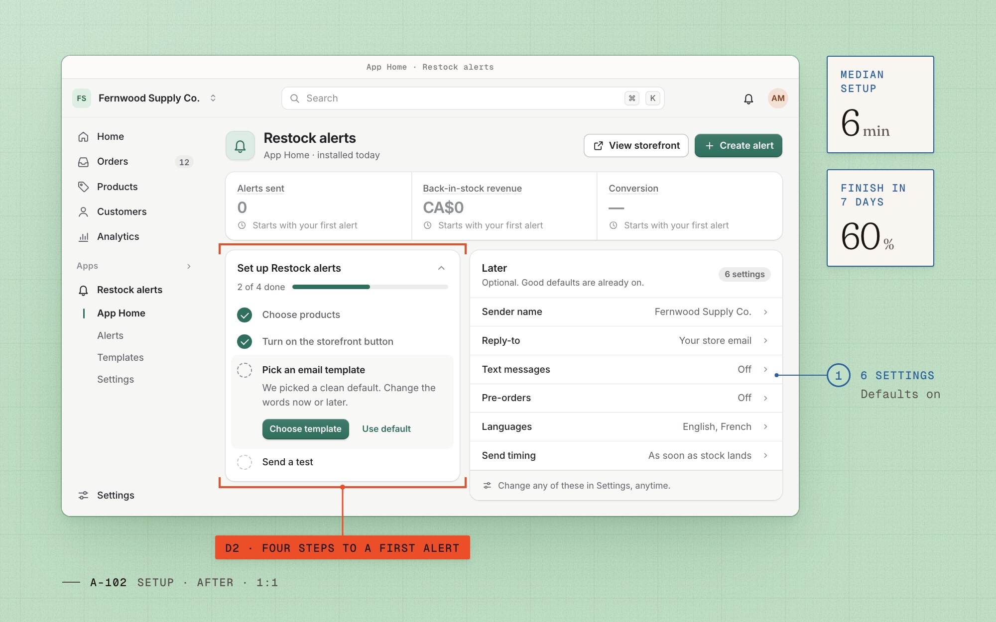 App home setup checklist from sheet A-102, with optional settings moved to a Later panel.